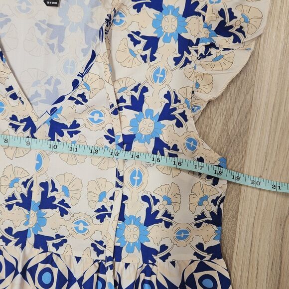 SHEIN Women Cream Blue Floral Damask Dress Size Small - Picture 5 of 6